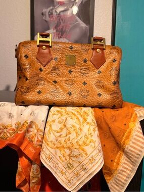 MCM Cognac Logo Visetos Satchel with Brass Hardware ALL 3 handkerchiefs included